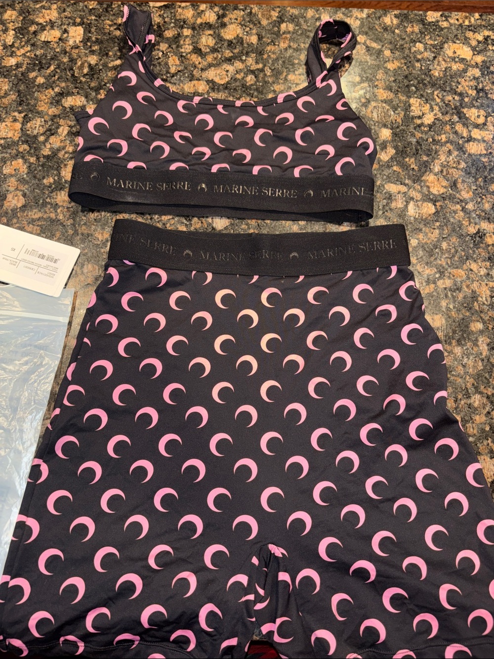Marine Serre Black Crop Top and Bike Shorts with Pink Crescent Print